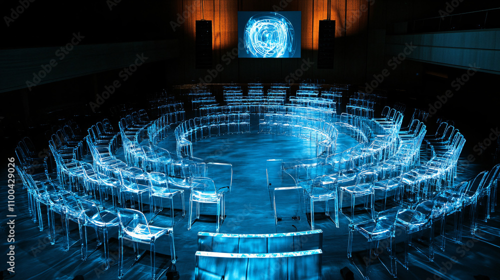 Poster transparent rows of floating chairs arranged in a spiral around a stage, with speakers projecting ho