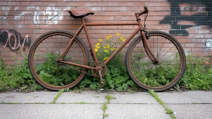 Abandoned vintage bicycle with flowers in urban setting