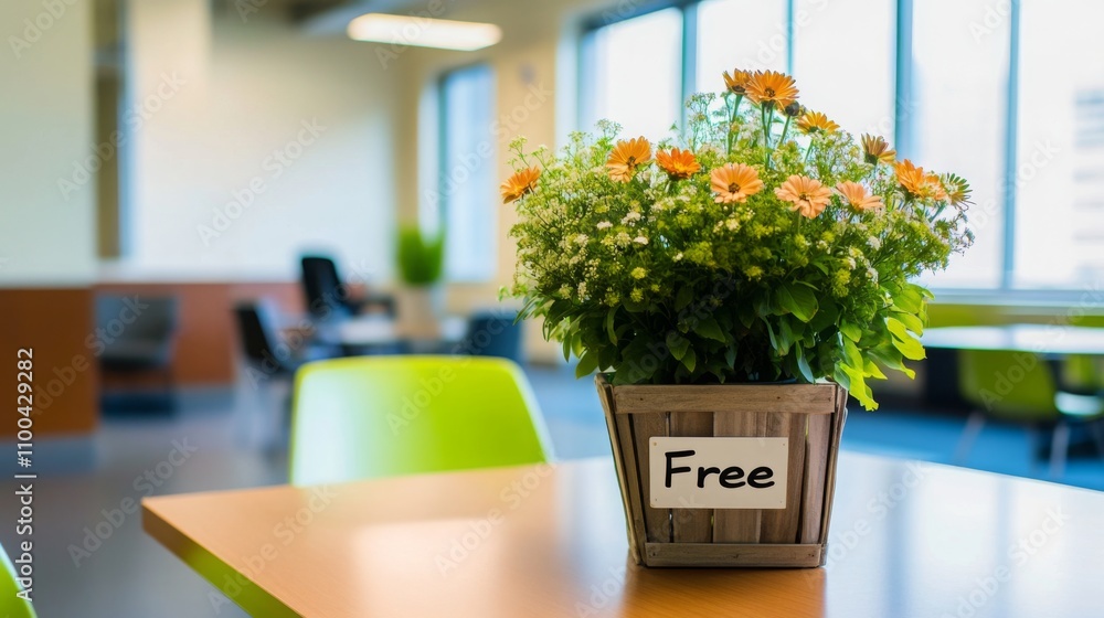 Poster a vibrant flower arrangement sits in a wooden pot labeled 'free' on a casual table in a contemporary