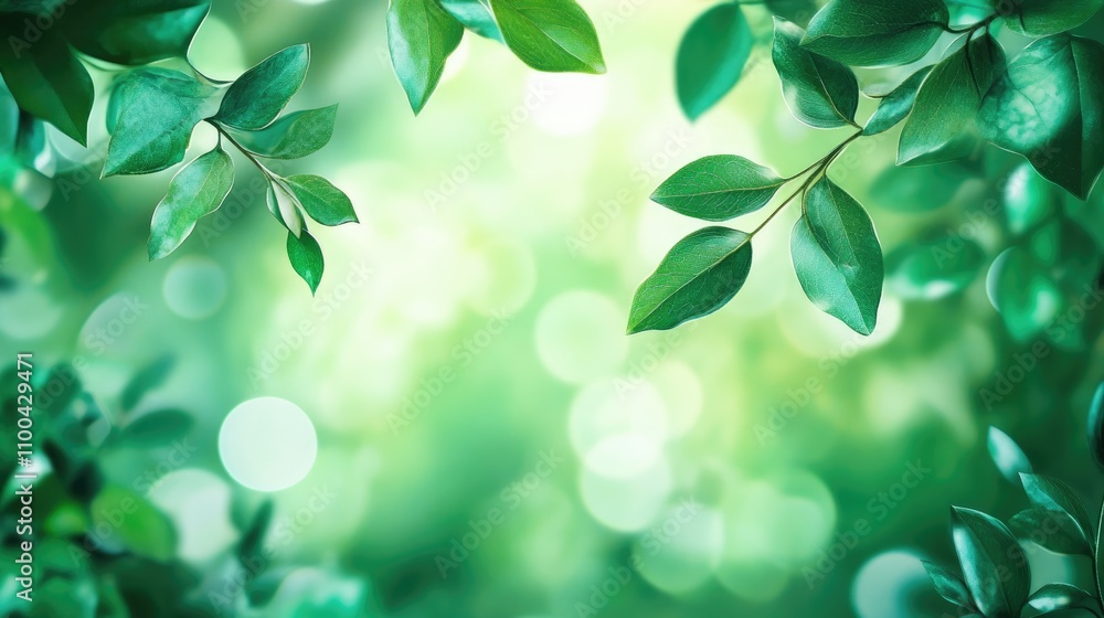 Poster lush green leaves with a soft bokeh background creating a serene and refreshing atmosphere.