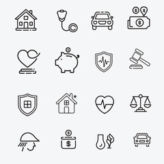 Minimalistic Line Icons Set for Protection, Safety & Insurance – Home, Health, Legal, Car, Life, and Financial Coverage