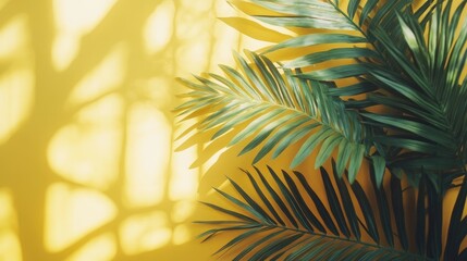 Lush green palm leaves casting shadows on a vibrant yellow wall create a tropical and cheerful atmosphere.