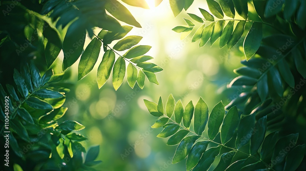 Poster lush green leaves with sunlight filtering through, creating a tranquil and refreshing atmosphere.