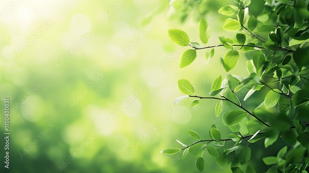 Poster vibrant green leaves with soft bokeh background, creating a serene and refreshing atmosphere.