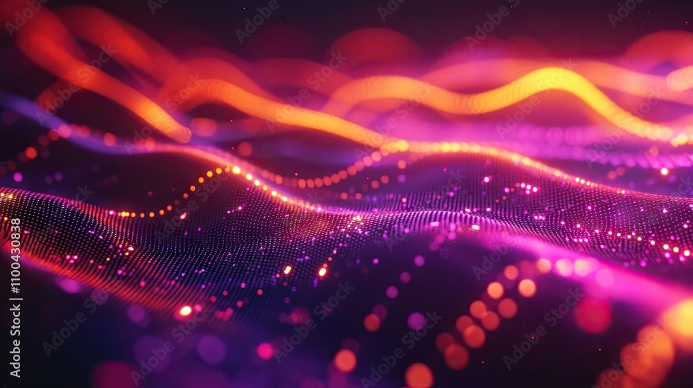 Poster abstract wave patterns of vibrant purple and orange light creating a dynamic digital landscape.