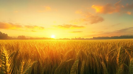 Obraz premium Golden wheat field at sunset, showcasing vibrant colors and serene landscape.