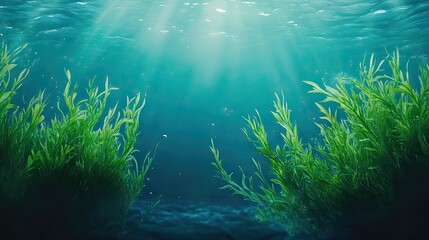 Obraz premium Vibrant underwater scene showcasing lush green aquatic plants illuminated by shimmering sunlight.