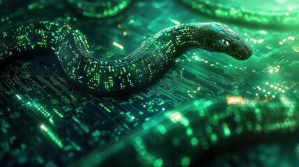 Obraz premium Digital Circuit Board Snake Border on Matrix Green: LED Highlighting, Binary Code Framed Perimeter, 80% Central Copy Space, 8K Resolution with Micro-Detail Illumination.