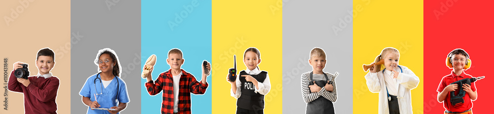 Poster collage of different children in uniforms of different professions on color background