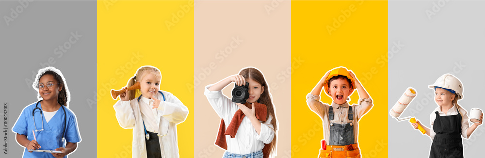 Poster collage of different children in uniforms of different professions on color background