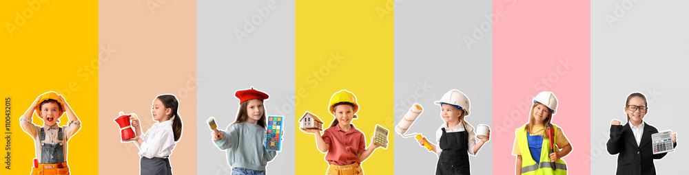 Poster group of different children in uniforms of different professions on color background