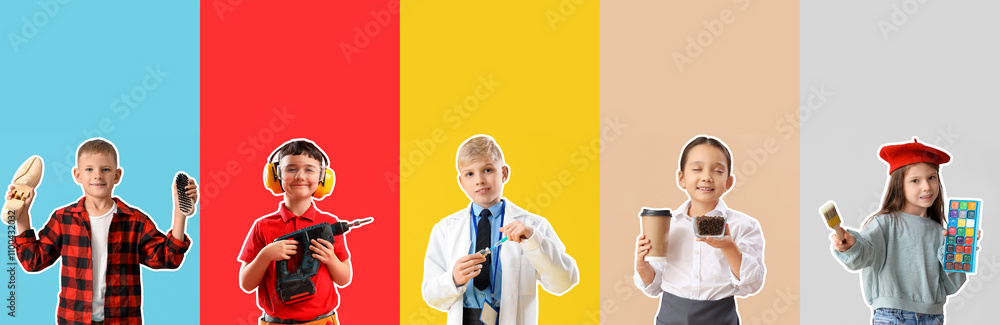 Aufkleber set of different children in uniforms of different professions on color background