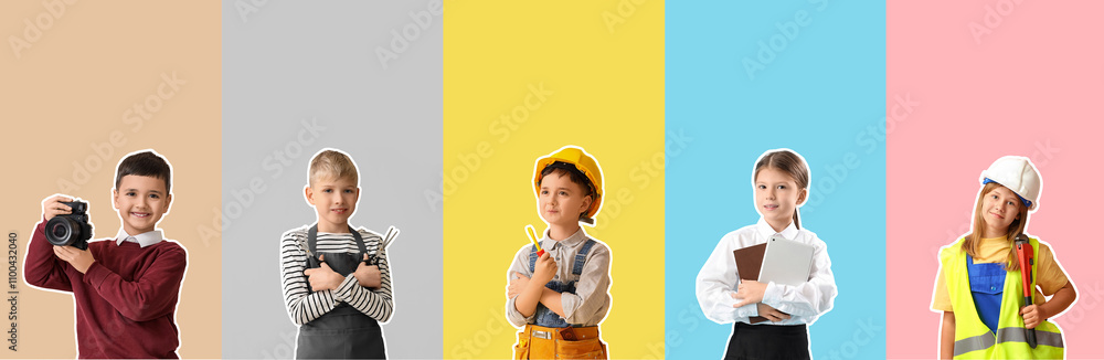 Poster collage of different children in uniforms of different professions on color background