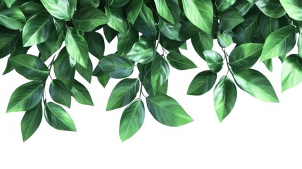 Obraz premium Vibrant green leaves cascading against a white background, creating a fresh, natural atmosphere.