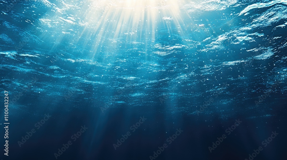 Poster serene underwater scene with sunlight filtering through the ocean surface, creating a tranquil blue 