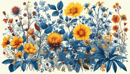 Fototapeta premium Vibrant vintage illustration of wildflowers in blue and orange tones