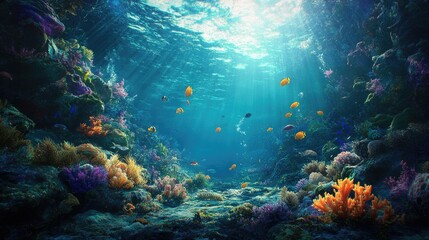 Obraz premium A vibrant underwater scene showcasing colorful corals and tropical fish amidst sunlit waters.