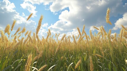 Golden wheat field under a bright blue sky with fluffy clouds.