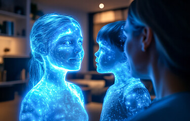 Futuristic hologram interaction with caucasian female and children in a modern home