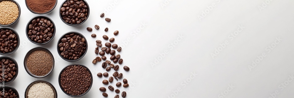 Poster a collection of coffee beans of different varieties is displayed on a white background, featuring am