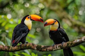 Fototapeta premium A pair of toucans sits gracefully among the lush forest branches, their colorful feathers shining in the dappled sunlight.