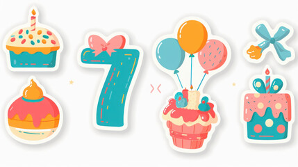 Colorful birthday and celebration stickers with cake and balloon designs for party decor