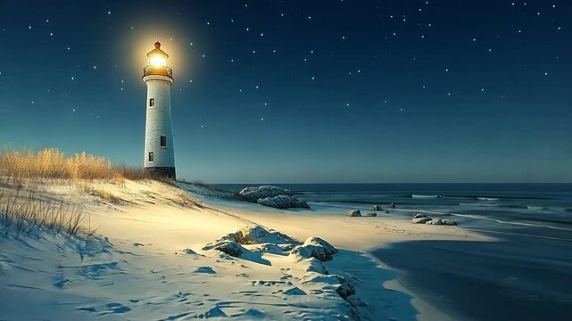 Snow-covered beach with distant, glowing lighthouse under a clear night sky, with the snow-covered sand reflecting the light of the lighthouse. . 4K Video