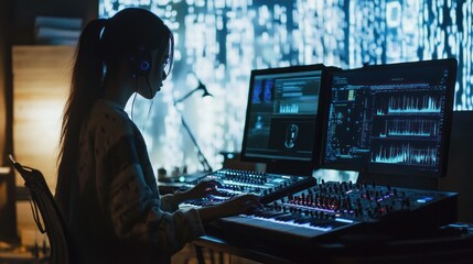 Music Producer Creating Dynamic Beats in a Futuristic Studio Environment