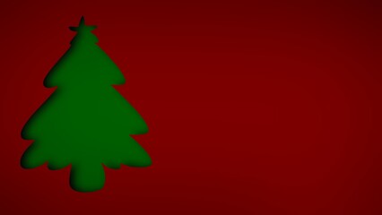 A minimalist Christmas card design featuring a green Christmas tree cut out against a deep red background.