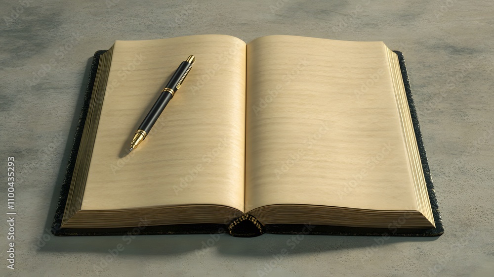 Poster potential empty open book on a clean surface with a ai generated illustration