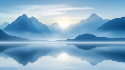 Fototapeta premium Serene Sunrise Over Misty Mountain Lake