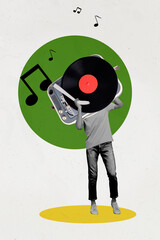 Vertical photo collage of anonym man instead head vinyl retro disk music occasion melody notes...