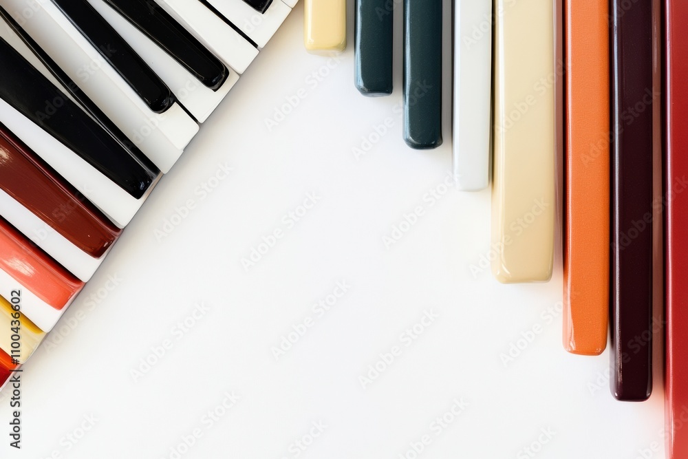 Poster A collection of piano keys in various colors rests on a smooth white background, illustrating a creative blend of music and art. Generative AI