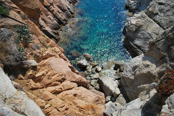 Vibrant turquoise water surrounded by rugged rocky cliffs and desert plants under bright sunlight.