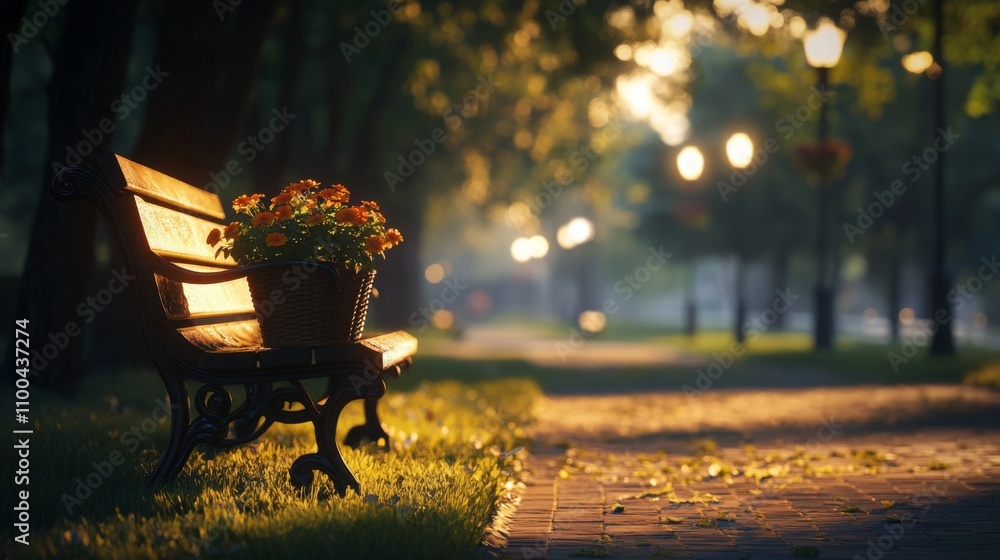 Aufkleber a serene park features a wooden bench adorned with vibrant flowers in a basket. soft evening light f