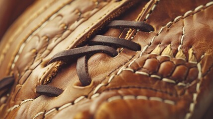 Obraz premium A baseball glove with a focus on the leather texture and stitching, indoor setting with soft lighting, Vintage style