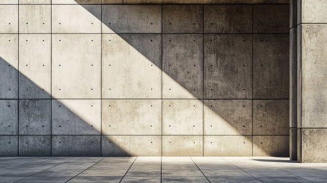 Modern concrete wall with sunlit geometric pattern
