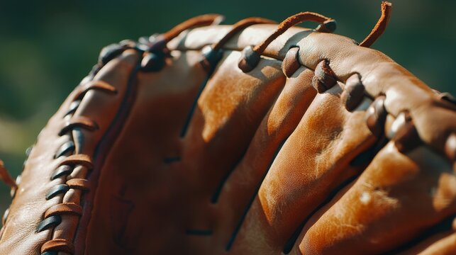A baseball glove with a focus on the leather texture and stitching, outdoor setting with afternoon sunlight, Dynamic style