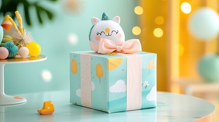 Fototapeta premium Gift with cartoon-themed wrapping paper and a fun bow, perfect for kids, displayed on a table with playful, colorful decor.
