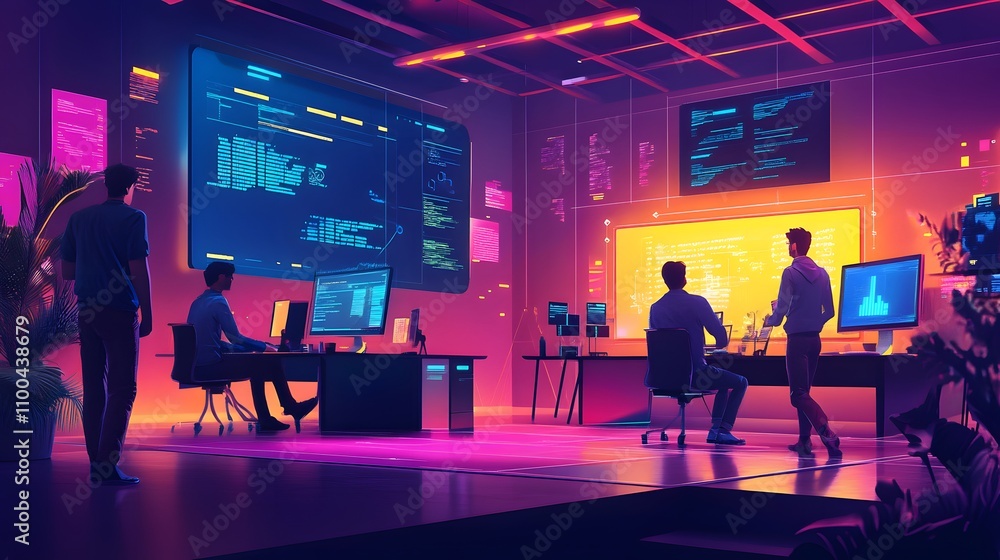 Poster team of software developers coding and brainstorming ai generated illustration