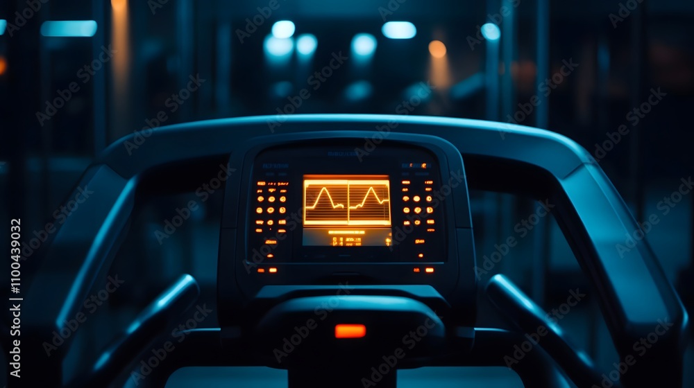 Poster treadmill console display glowing softly in a dark m ai generated illustration
