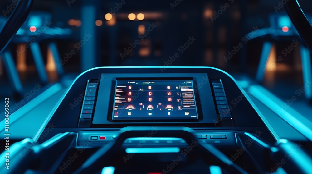 Poster treadmill console display glowing softly in a dark m ai generated illustration