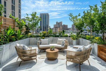 Fototapeta premium Rooftop patio; modern furniture, city view, lush plants.