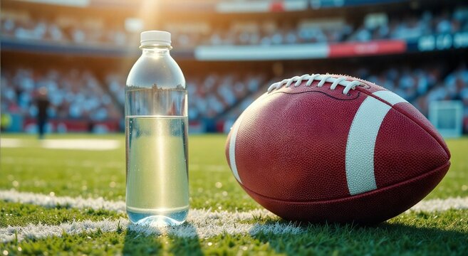 Football and water bottle on stadium field during sunset, concept of hydration, preparation, and sportsmanship