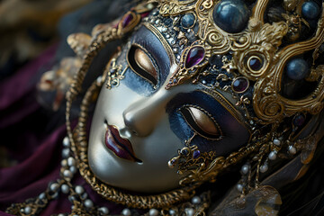 Delicate mask featuring rich colors and intricate decorations awaits at a festive celebration