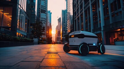 A food delivery robot moves efficiently through a bustling modern city, redefining convenience in urban dining experiences.