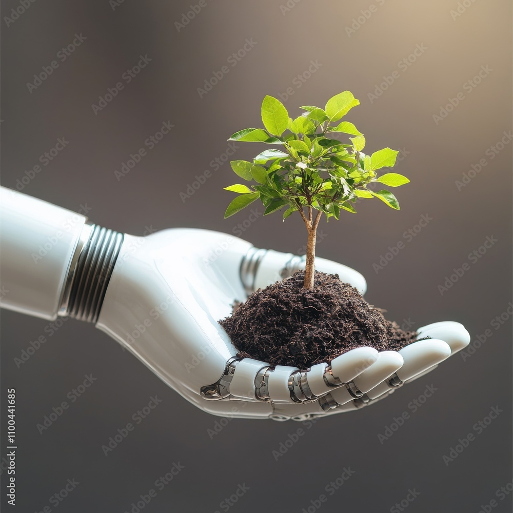 Aufkleber a robot hand gently holds a small, growing tree in a light bulb filled with soil. this image represe