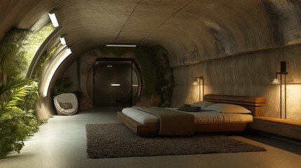 Modern bunker room with bed and flowerpots. Protective bunker room.