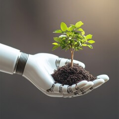 A robot hand gently holds a small, growing tree in a light bulb filled with soil.  This image represents eco-friendly technology and energy conservation.