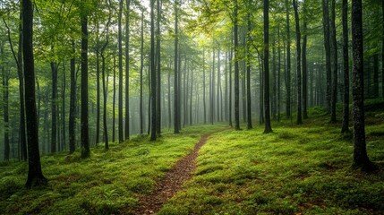 Obraz premium Misty Forest Path Through Lush Green Trees